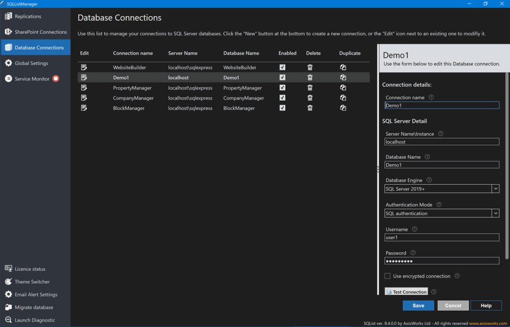 List of connections to SQL Server databases.