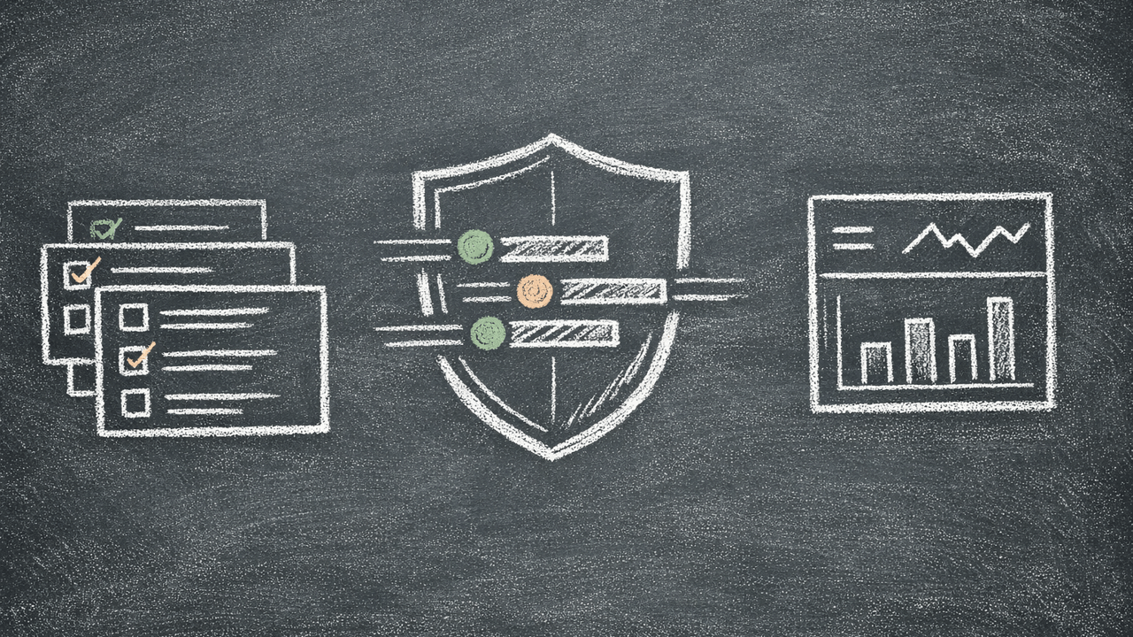 Blackboard chalk drawing showing list cards, a security shield, filtered data rows, and a simple dashboard.