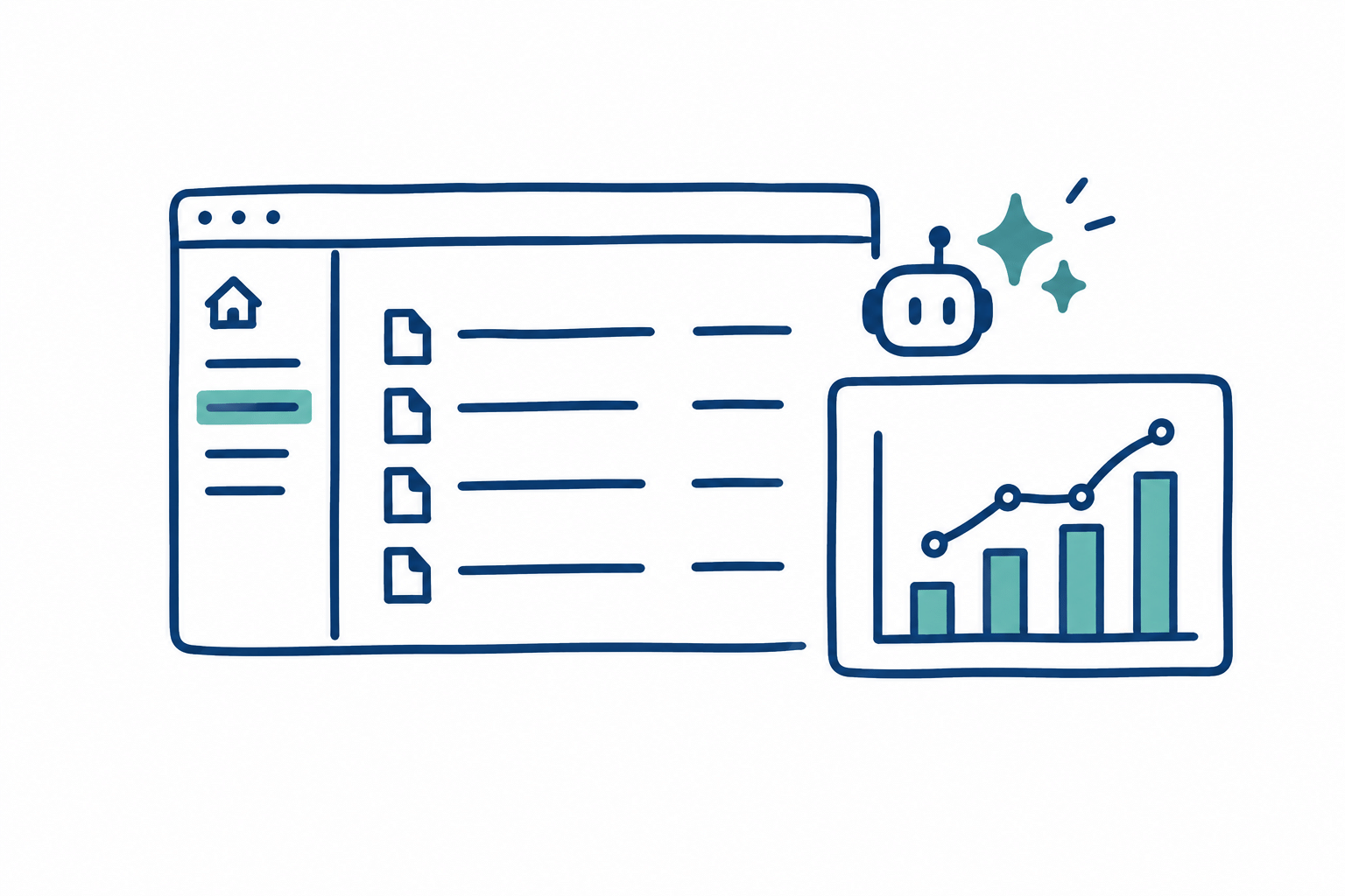 A simple whiteboard sketch showing Copilot features on a SharePoint page alongside a small content analytics chart.